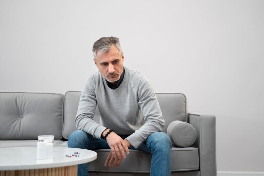Hombre reflexivo buscando soluciones naturales para aumentar su confianza y vitalidad diaria.
